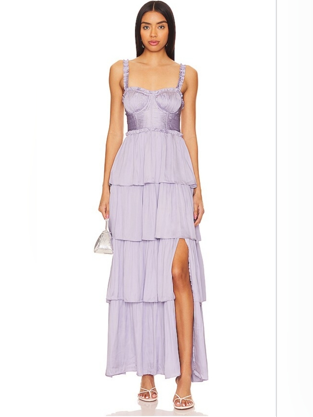 Astr The Label Tempany Tiered Bustier Satin Maxi Dresz Lilac Size M